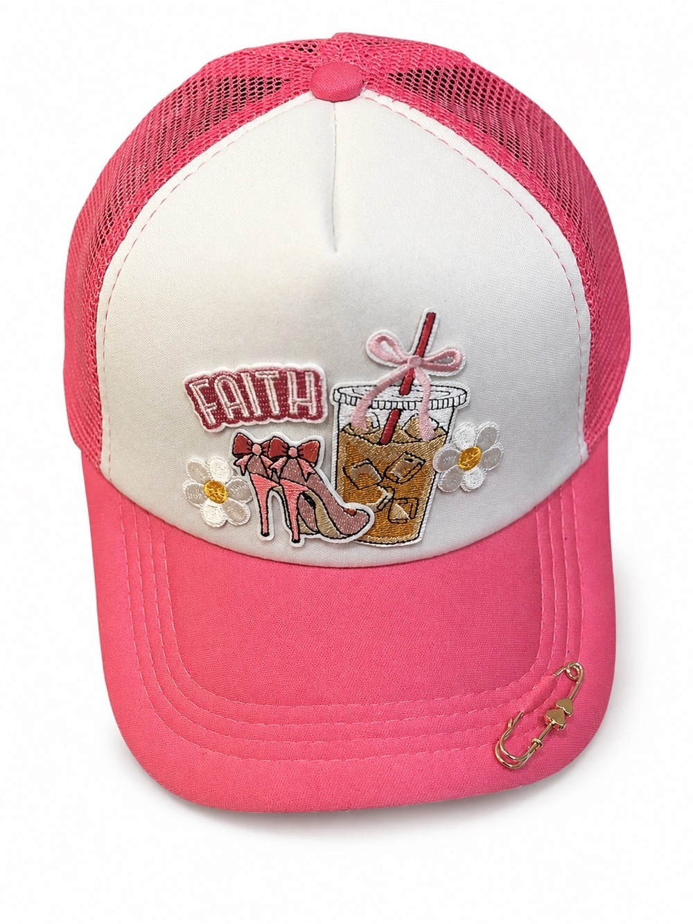 Hand Crafted Pink and White “Faith” Embroidered Trucker Hat